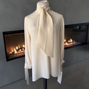 ANN MASHBURN Silk Ivory Tie-Neckline Blouse Size Medium